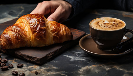 Croissant and cup of coffee on dark background. French breakfastの素材