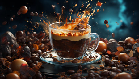 Cup of coffee with splashes of milk and chocolate on dark backgroundの素材