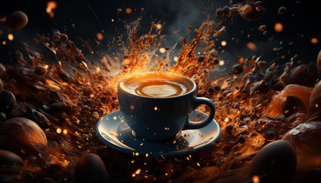 Coffee cup on fire background. Mixed media. Mixed mediaの素材