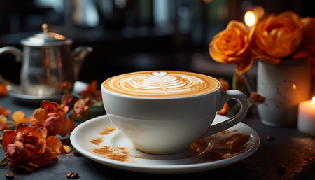 Cup of cappuccino with beautiful latte art on tableの素材