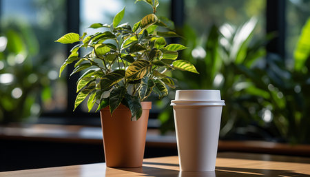 Coffee cup and plant on wooden table in coffee shop.の素材