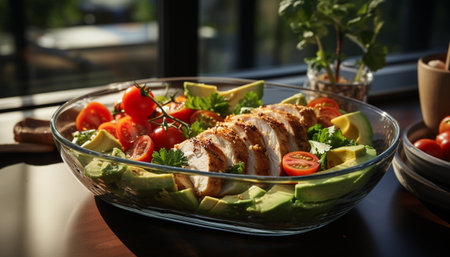 Tasty salad with chicken in glass bowl on table, closeupの素材