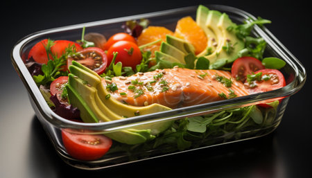 Healthy lunch box with salmon, avocado, cherry tomatoes and saladの素材
