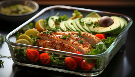 Healthy lunch bowl with grilled chicken fillet, avocado and vegetablesの素材