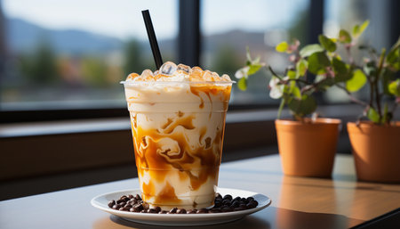 Iced caramel coffee with milk in a glass on the table.の素材
