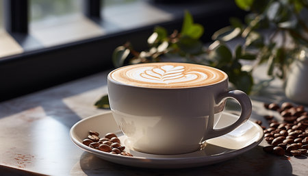 A cup of cappuccino with latte art on tableの素材