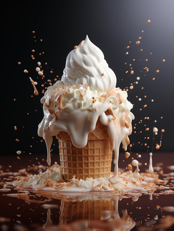 Ice cream with splashes and drops of milk on a dark backgroundの素材