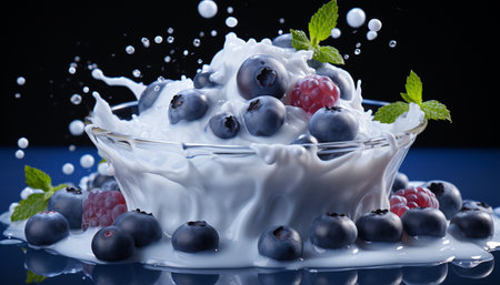 Blueberries and raspberries in a glass bowl with milk splashの素材