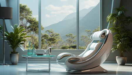 futurist Modern living room interior with armchair, coffee table, and panoramic window. 3D Renderingの素材