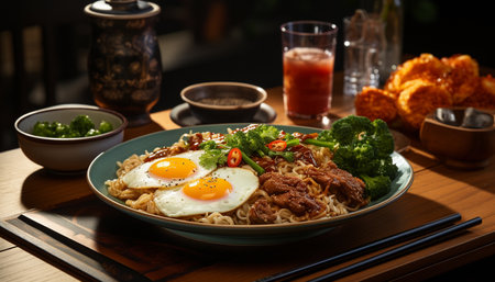 Rice noodles with beef, egg and vegetables on a wooden tableの素材