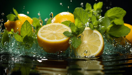 Lemon, mint and water splash on a dark background. Shallow depth of fieldの素材