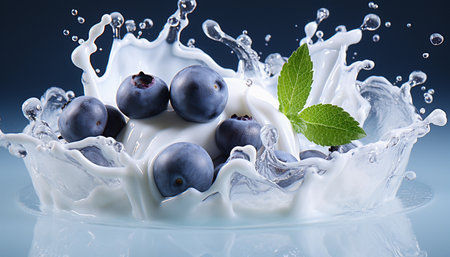 Milk splash with fresh blueberries and mint leaves on blue backgroundの素材