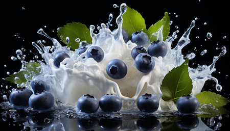 Milk splash with blueberries and leaves on a black background.の素材