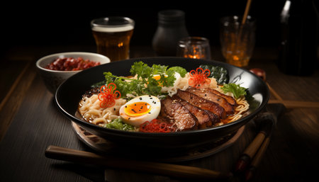japanese cuisine. udon noodles with meat and egg on wooden backgroundの素材