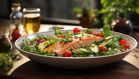 Salmon salad with avocado and cherry tomatoes on wooden table in restaurantの素材
