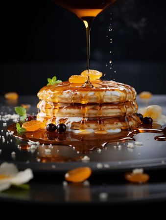 Pancakes with honey on a black background. Selective focus.の素材