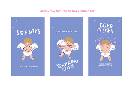 Set of hand drawn social media templates with cute cupids with different poses and facial emotions for Valentine's Day promotion in a set for banner, feed, background, card, and adのイラスト素材