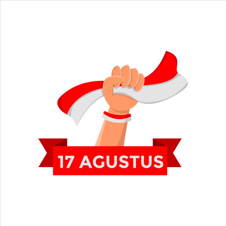 Art illustration symbol Indonesian Independence day icon logo august or pancasila of hand holding flagのイラスト素材