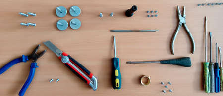 set of tools on a wooden board. Furniture assemblyの写真素材