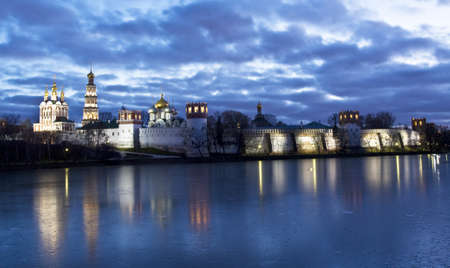 Moscow, Novodevichiy monastery near pond at night.のeditorial素材