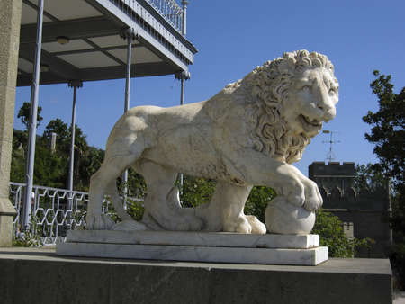 Alupka, Ukraine - September 09, 2009: Statue of stone lion near Vorontcovskiy palace in town Alupka, region Crimea on Black sea.のeditorial素材
