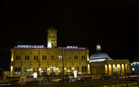 Moscow, Leningradskiy railway station and Komsomolskaya metro  underground  station at night のeditorial素材