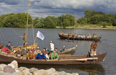 Moscow, Russia - September 04, 2011: Historical festival devoted to the Citys Day, vikings on boats, September 4, 2011, in Moscow, Russia.のeditorial素材