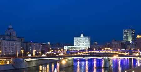 Moscow, Borodinskiy bridge and White house (House of Russian Government) at night.のeditorial素材