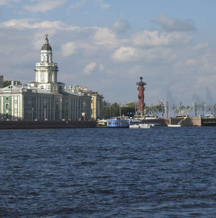 St. Petersburg, Russia - July 14, 2008: river Neva with bridge and fountain on water and buildings...
