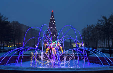 Moscow, Russia - January 03, 2012: electric winter fountain and Christmas tree on Pushkinskaya square.のeditorial素材