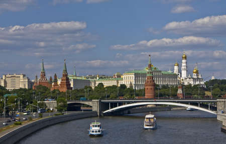Moscow, Russia - July 04, 2010: Kremlin fortress with palace and cathedrals, Moscow-river and bridge.のeditorial素材