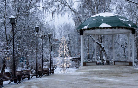 Winter landscape - forest with snow-covered trees, pavilion and electric Christmas tree, recorded in park Sokolniki in Moscow, January 2012.の写真素材