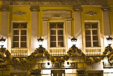 Moscow, Russia - January 03, 2012: Christmas decoration on building at night on Tverskoy bulvar street.のeditorial素材
