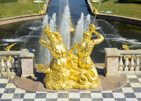 Peterhof, Russia - July 06, 2012: sculptures on grand cascade fountain near king's palace in Peterhof, surroundings of St. Petersburg.のeditorial素材