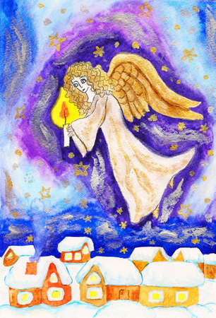 Hand painted Christmas picture, angel with candle, watercolours, golden and silver gouache.の写真素材