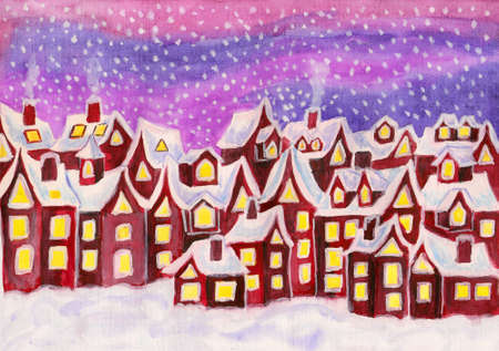 Hand painted picture, watercolours, Dreamstown in raspberry pink colours  Can be used as illustration for childrenの写真素材