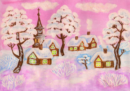Hand painted Christmas illustration, winter landscape with houses and trees in pink colours, used watercolours, gouache and acrylic.の写真素材