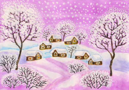 Hand painted Christmas picture, winter landscape with houses and trees in purple colours, used watercolours, gouache, acrylic.の写真素材