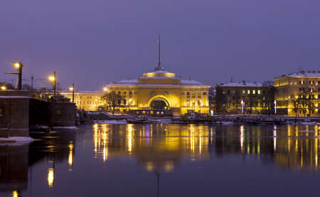 St. Petersburg, Russia - December 26, 2012: quay of river Neva with building of Admiralty and Palace bridge at night.のeditorial素材