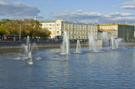 Moscow, Russia - September 17, 2012: fountains on Vodootvodniy channel of Moscow-river.のeditorial素材