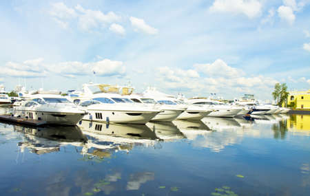 Many white yachts standing on mooring.のeditorial素材