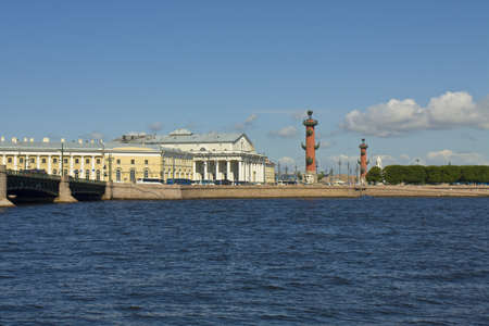 St. Petersburg, Russia - July 03, 2012: Vasilyevskiy island with building of Exchange and Rostral columns on bank of river Neva.のeditorial素材