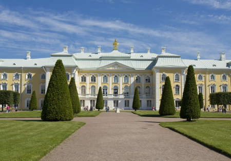 Peterhof, Russia - July 06, 2012: palace of Russian kings, July 06, 2012, in town Peterhof, Russia, built by order of king Peter First Great in 1714, unidentified tourists sight seeing.のeditorial素材