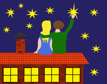 Vector illustration, young man and woman sitting on roof of house, sky with stars, man takes star from sky  のイラスト素材