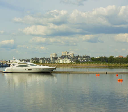 Moscow, yachts on water and quay of Khimki water storage reservior.のeditorial素材