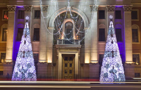 Electric Christmas - New Year trees near entrance of city government on Tverskaya street in Moscow, Russia.のeditorial素材