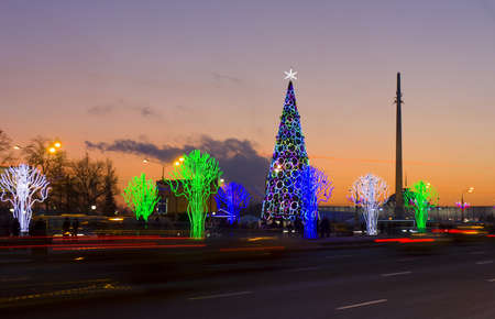 Christmas - New Year tree and electric trees - decoration to Christmas and New Year holidays in historical complex and park on Poklonnaya hill, located on Kutuzovskiy prospect avenue, January 02, 2013, in town Moscow, Russia.のeditorial素材