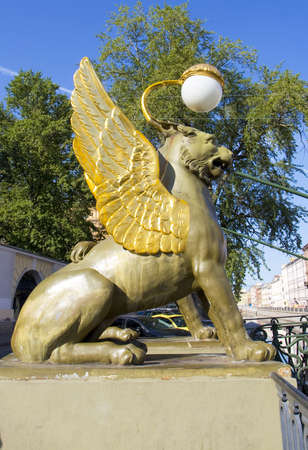 St. Petersburg, Russia - July 13, 2013: sculpture of gryphon on Banking bridge on Griboedov canal, built in 1826.のeditorial素材