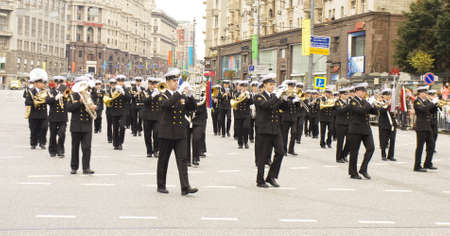 MOSCOW  SEPTEMBER 07:  orchestra from Russia on parade of participants of international festival of military orchestras "Spasskaya tower", September 07, 2013, in town Moscow, Russia.のeditorial素材