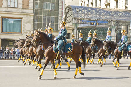 Moscow, Russia - September 01, 2012: international festival of military orchestras "Spasskaya tower", orchestra from Russia on parade goes by Tverskaya street to Red square.のeditorial素材